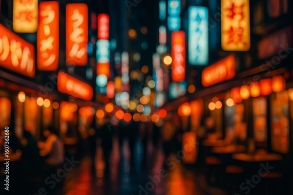 Fototapeta Colorful Japanese Street at Night with Neon Lights (Blurred Bokeh)