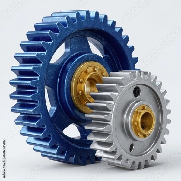 Fototapeta Two interlocking metal gears isolated on white background