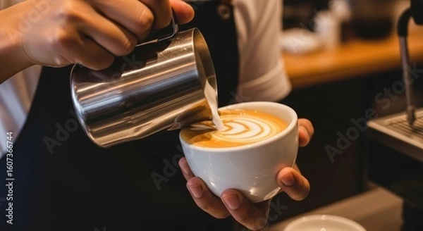 Fototapeta Barista pouring milk into coffee, creating latte art with a stainless steel pitcher