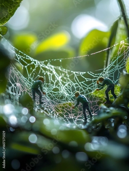 Obraz Tiny Workers Inspecting a Giant Spider Web