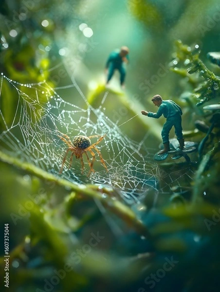 Obraz Tiny Workers Inspecting a Giant Spider Web