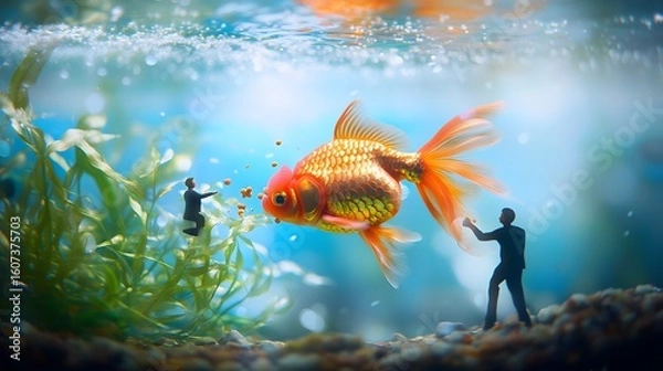 Fototapeta Tiny Boy Feeding Giant Goldfish in Aquarium