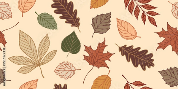 Fototapeta Seamless vector pattern with colorful autumn leaves on beige background in hand drawn style