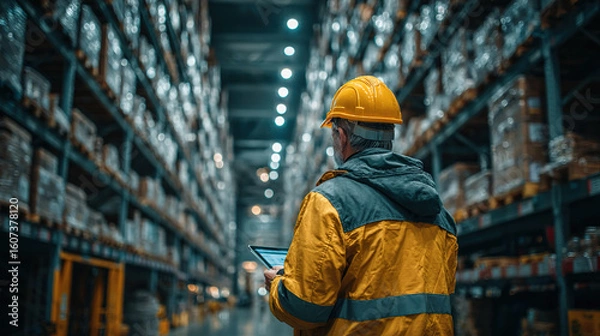 Fototapeta A warehouse worker uses a tablet to inspect inventory inside of a storage facility.