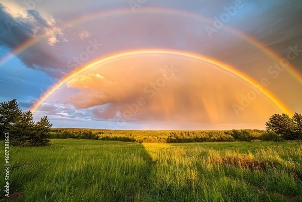Obraz Double rainbow arches over a grassy field at sunset. 
