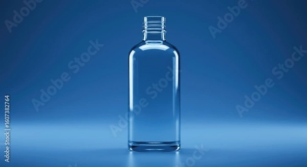 Fototapeta Elegant Clear Glass Bottle on Blue Gradient Background, Studio Lighting, Minimalist Design