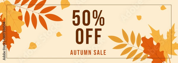 Obraz Horizontal banner for autumn sale with fall leaves. Vector illustration template for seasonal discounts in stores, promoting fall sales and special offers