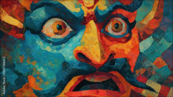 Fototapeta Ravana depicted in Expressionism style, torn between rage and sorrow