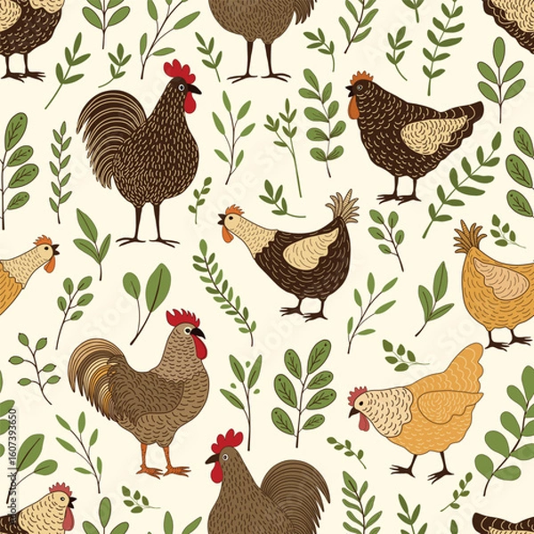 Fototapeta Seamless pattern with cute cartoon chickens  on white background