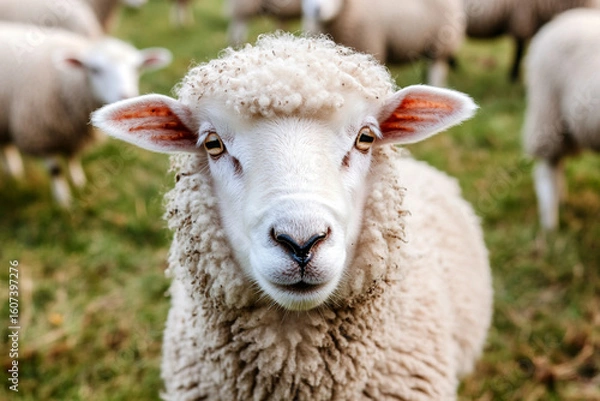 Fototapeta Grazing sheep in a lush green meadow under bright sunlight