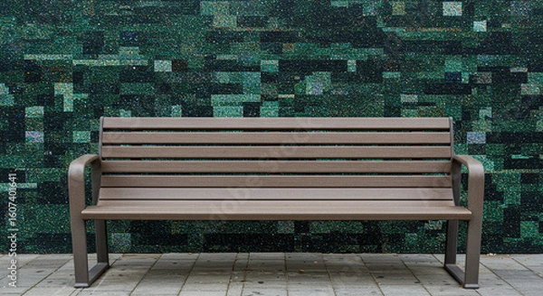 Fototapeta A brown slatted bench with sturdy dark grey legs and arms stands on a stone-paved ground in front of a modern dark green patterned wall