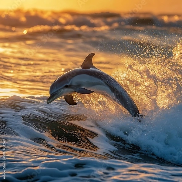 Obraz Warm light reflects on dolphin breaking ocean wave high resolution picture