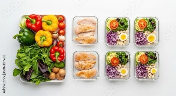 Fototapeta Meal prep containers with chicken, vegetables, eggs, and pasta on a white background