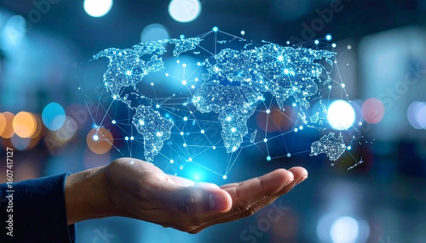 Fototapeta Global Connectivity: A person's hand cradles a luminous digital globe, symbolizing interconnectedness and technological advancement.