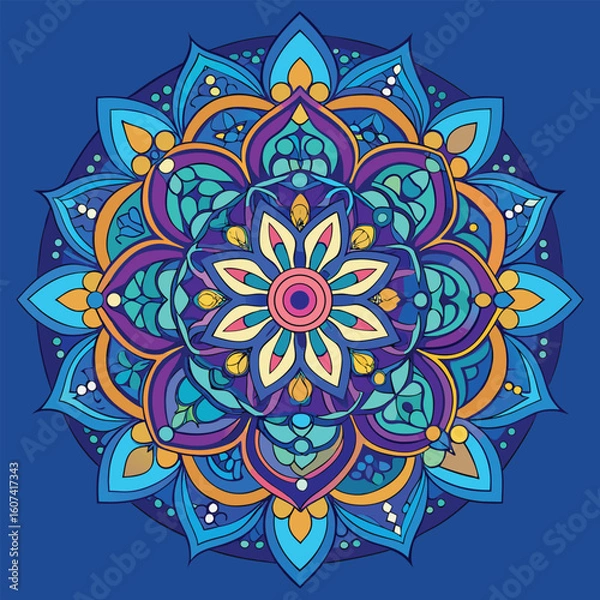 Fototapeta Intricate Mandala Design with Vibrant Blues Purples and Golds on Dark Blue