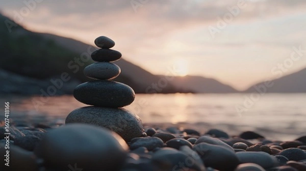 Obraz Stacked stones on a pebbled beach at sunset create a peaceful serene scene over a lake