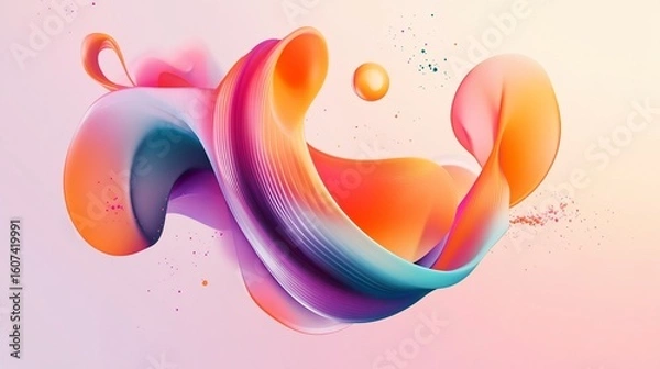 Obraz Abstract flowing shapes with gradient colors and a sphere on a light pink background