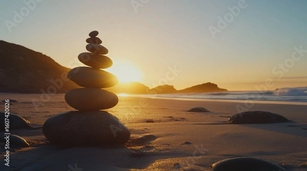 Obraz Balanced Stacked Stones Silhouetted Against a Coastal Sunset on Sandy Beach