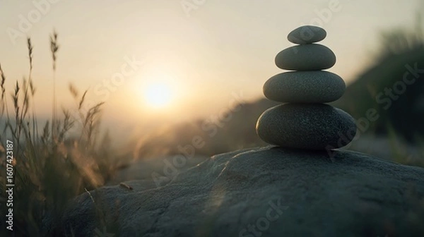 Obraz Balanced stones against a golden sunset backdrop symbolizing peace and harmony with nature