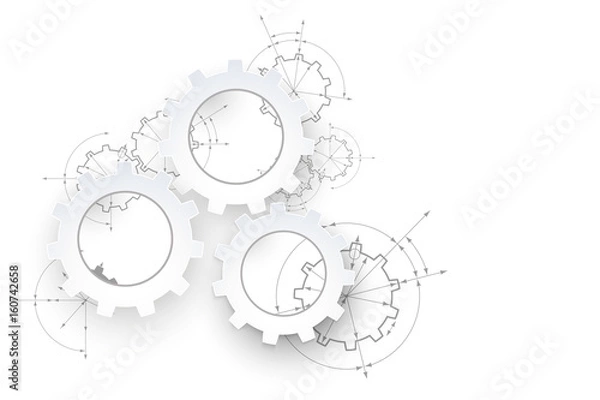 Obraz Gears in engagement. Engineering drawing abstract industrial background with a cogwheels.