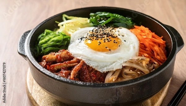 Obraz korean bibimbap in a hot stone bowl with kimchi