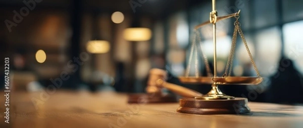 Fototapeta Gavel and wooden scales of justice on a desk in an office with a blurred background