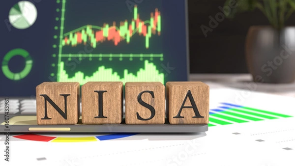 Obraz NISAを表す木製ブロックと株式チャートで資産形成や投資のイメージを表現したイラスト

