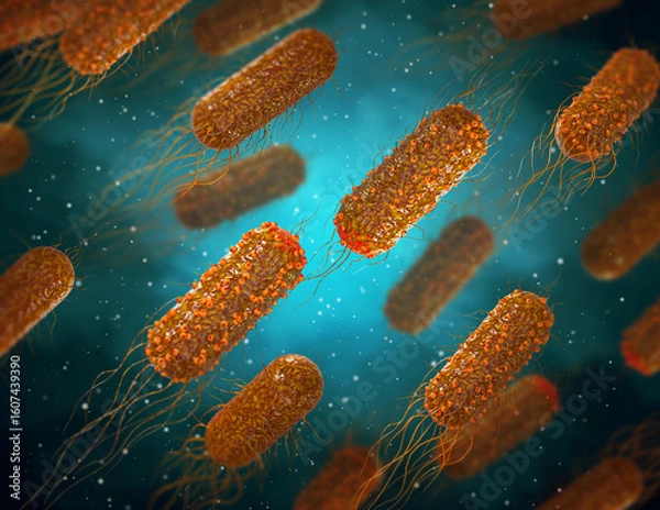 Fototapeta Medical background, bacteria facultative anaerobes, Salmonella, enterobacteria, rod-shaped, flagella over the entire surface, causative agent of salmonella infection, pathogen, 3D rendering