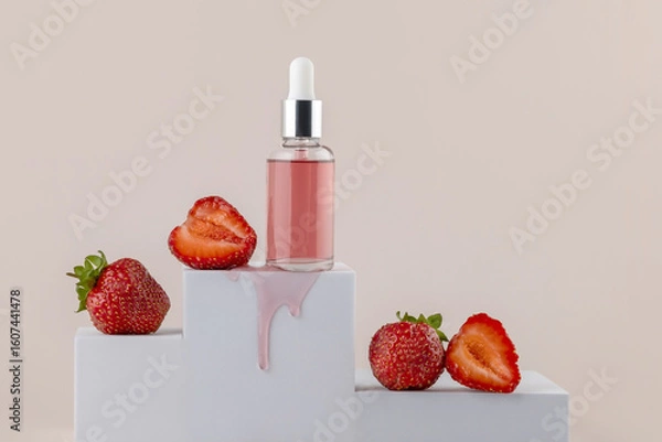 Fototapeta Dropper bottle on a white podium with strawberries on a beige background. Presentation of skin care products.