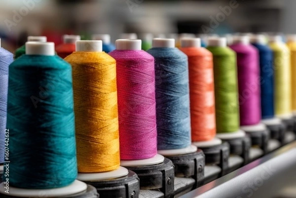 Fototapeta Colorful spools of thread on a sewing machine. The concept evokes themes of craftsmanship, textiles, manufacturing, creativity, and the process of making.
