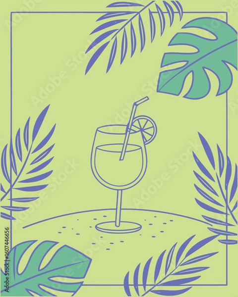 Obraz Minimal summer poster set with palm leaves, beach ball, and watermelon illustration. Blue tropical background ideal for seasonal ads. Clean and modern summer vibe for digital use.