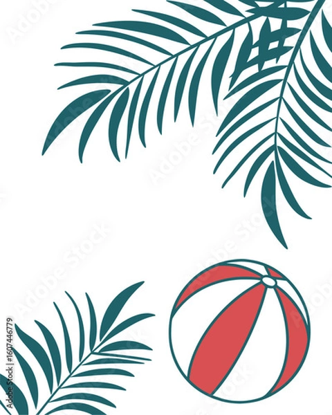 Obraz Minimal summer poster set with palm leaves, beach ball, and watermelon illustration. Blue tropical background ideal for seasonal ads. Clean and modern summer vibe for digital use.