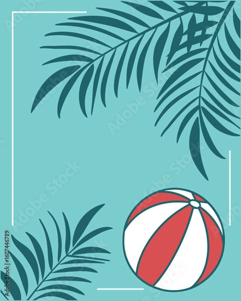 Obraz Minimal summer poster set with palm leaves, beach ball, and watermelon illustration. Blue tropical background ideal for seasonal ads. Clean and modern summer vibe for digital use.