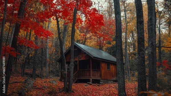 Fototapeta A wooden cabin in the woods, surrounded by red maple trees 