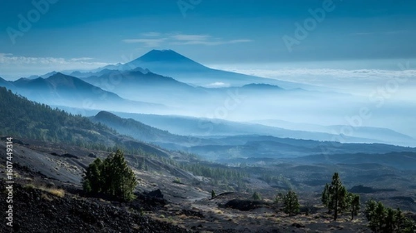 Fototapeta Volcanic Landscape with Mist and Distant Mountain under a Blue Sky .