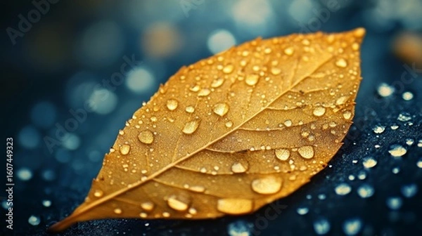 Fototapeta A high-detail close-up of a single golden leaf with water droplets 