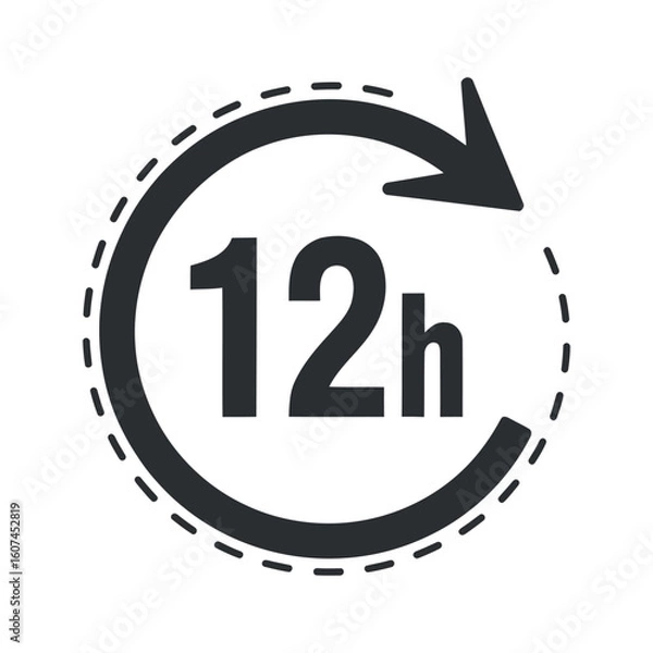 Fototapeta 12 Hour Service Icon Depicting Time Availability with a Circular Arrow and Dashed Outline on a Clean White Background