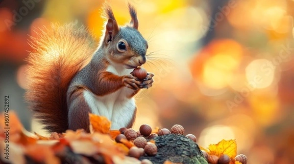 Fototapeta A close-up of a squirrel gathering acorns, autumn colors 