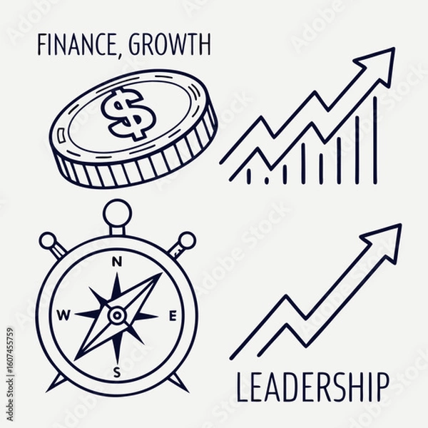 Fototapeta “Finance and Growth Vector Icons – Compass, Coins, Graphs, Arrows”