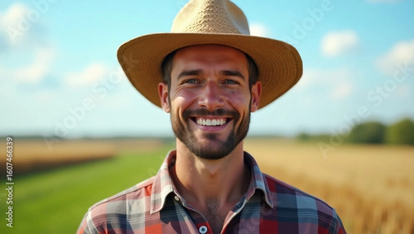 Fototapeta Smiling farmer in close-up, wearing a straw hat and rustic clothes, blurred crop field background — ideal for rural projects, agricultural campaigns, or authentic branding.