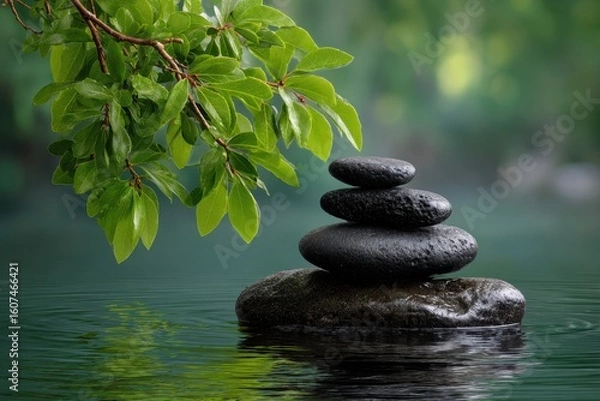 Fototapeta Serene stacked stones in tranquil water with lush green foliage overhead creating a peaceful natural scene