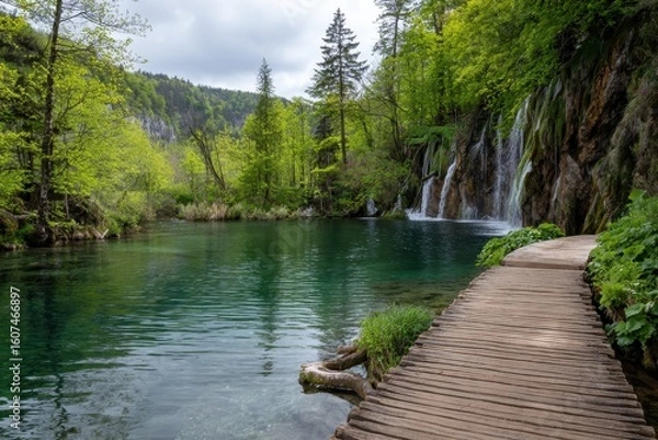 Fototapeta Serene pathway meanders beside emerald waters leading to cascading waterfalls in a lush forest