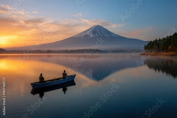 Fototapeta Serene sunrise over a majestic mountain reflected in a calm lake with two figures in a boat