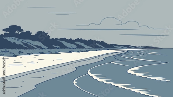 Fototapeta Illustration of a beach with waves and a treeline under a cloudy sky in muted blue tones