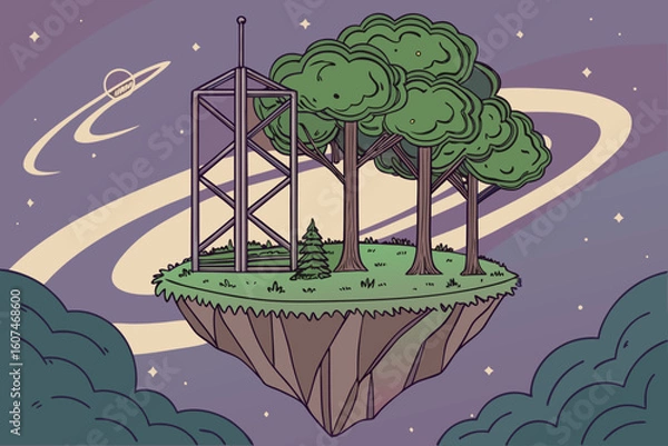 Fototapeta Illustration of a floating island with trees a tower and a planet in a dreamy cosmic background scene
