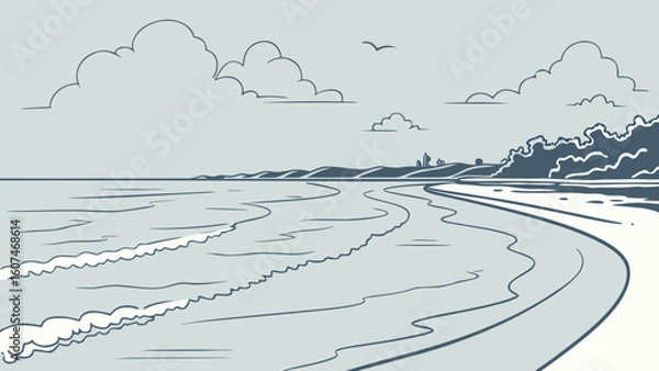 Fototapeta Illustration of a beach with waves, clouds, and a bird flying in the sky at the coast line view