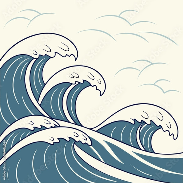 Fototapeta Illustration of stylized ocean waves with white crests and birds in the sky on a light background