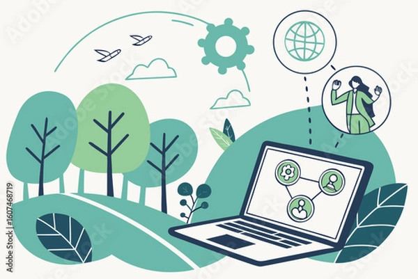 Fototapeta Illustration of a laptop with a network diagram in a nature scene with trees birds and clouds above it