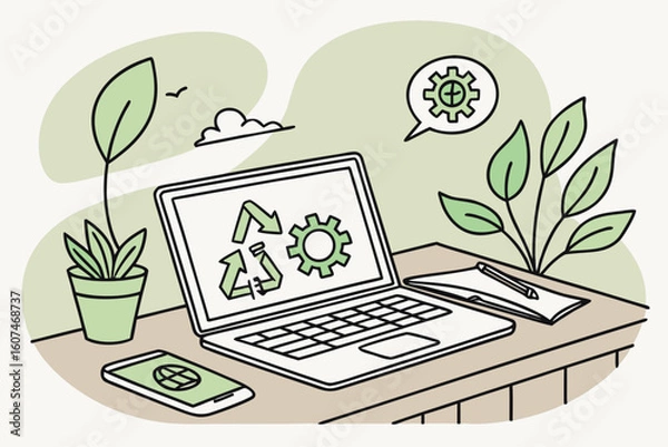 Fototapeta Illustration of a laptop displaying a recycle symbol and gear icon with plants and a phone nearby