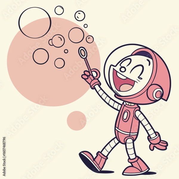 Fototapeta Cartoon astronaut happily blowing bubbles with a bubble wand on a light yellow background scene